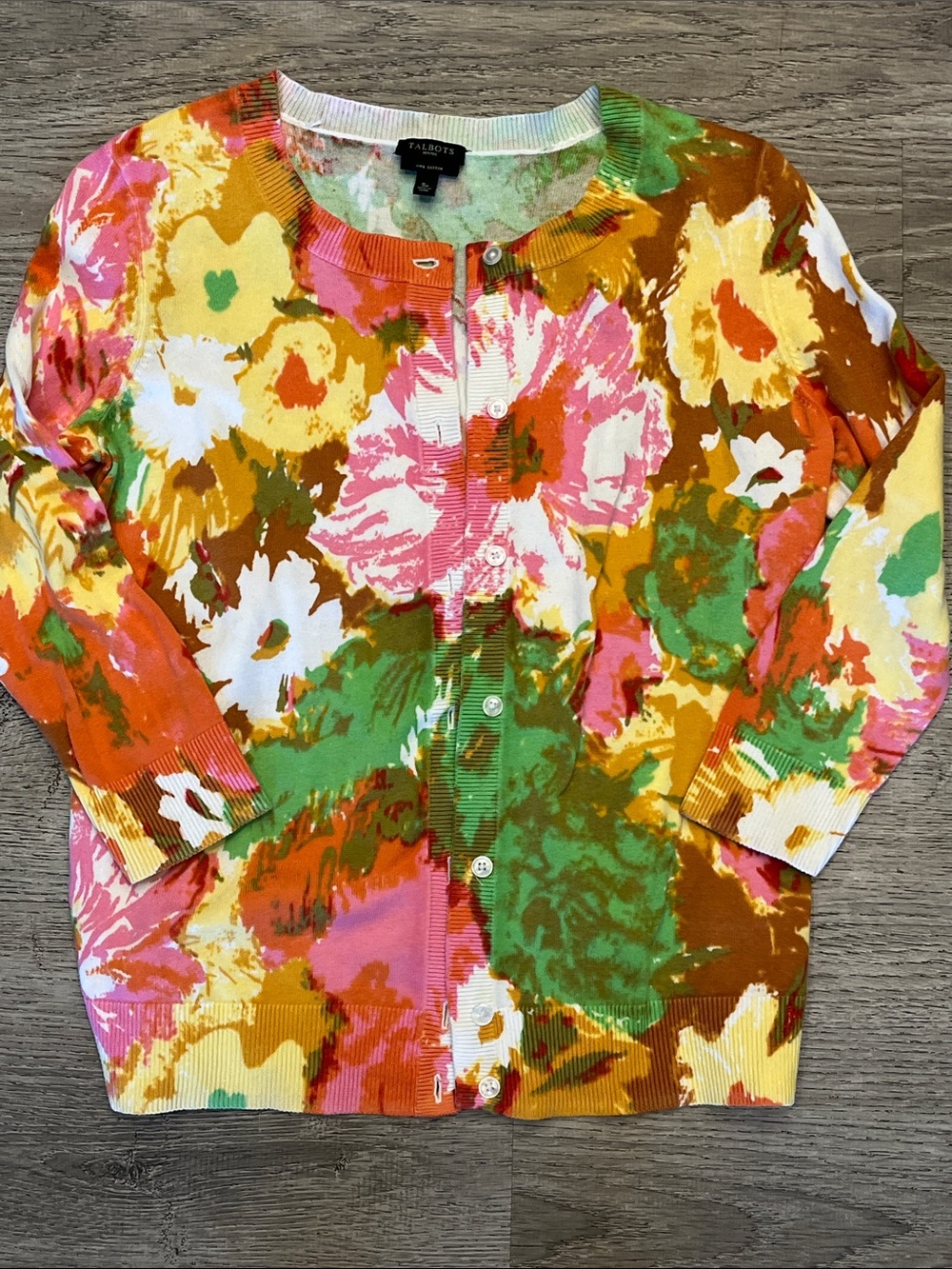Talbots Multicolor Floral Cotton Cardigan Pink, Green, Yellow Pima Cotton Size S